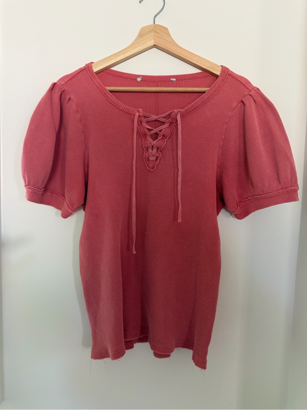 Anthropologie Lace-Up Puff Sleeve Tee - waffle knit size M